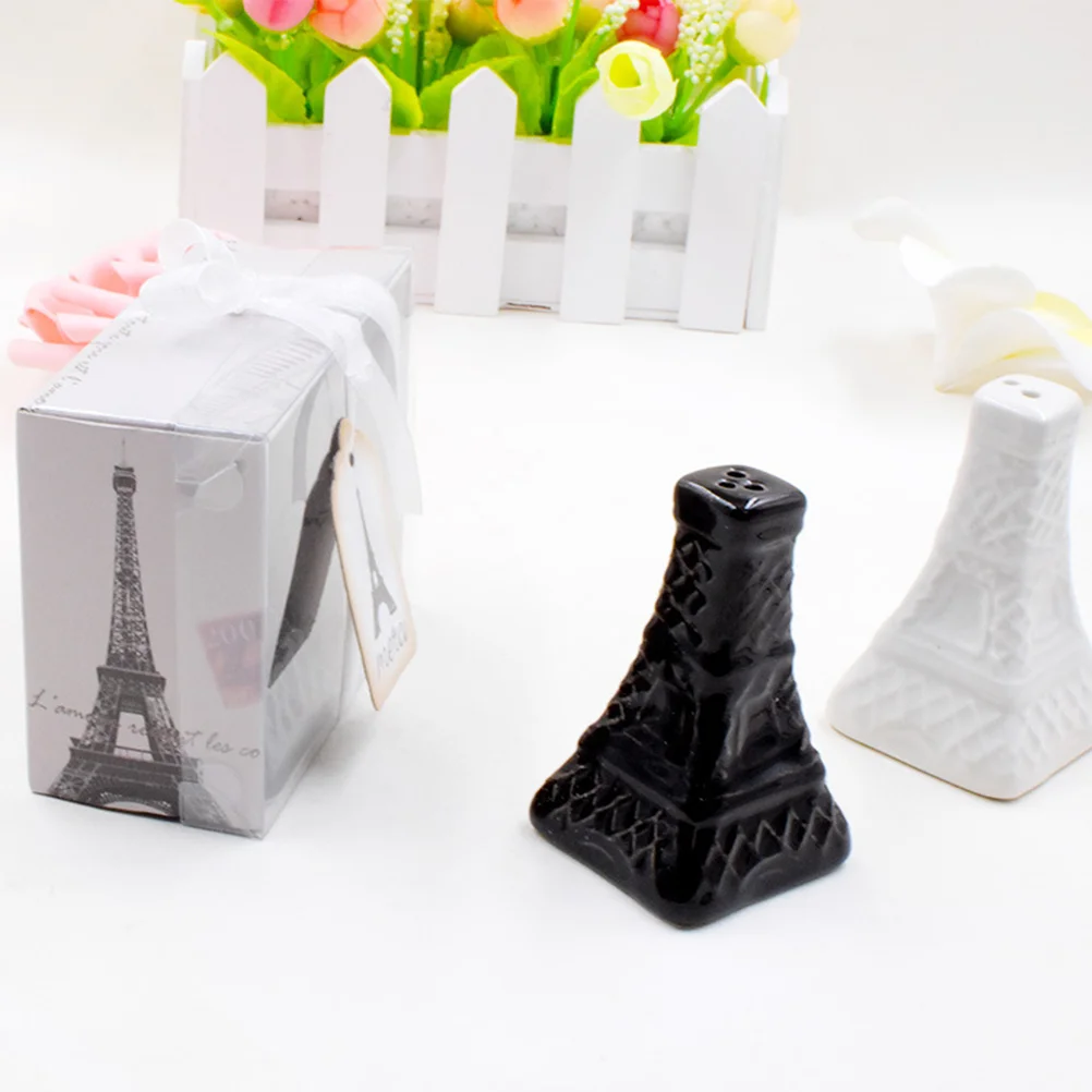 2pcs Vintage Eiffel Tower Salt Pepper Shaker Ceramic Spice Sauces Jar Condiment Bottles Wedding Souvenirs (Black and White)