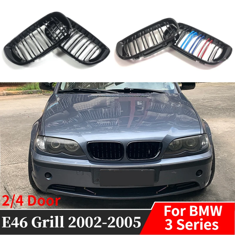 กระจังหน้ารถยนต์สองชั้นสำหรับรถ BMW E46 2/4ประตู3ซีรีส์2002 2003 2004 2005 318i 325i ปรับแต่ง330i ระบบทางเดินคู่หน้าไตสีดำมันวาว