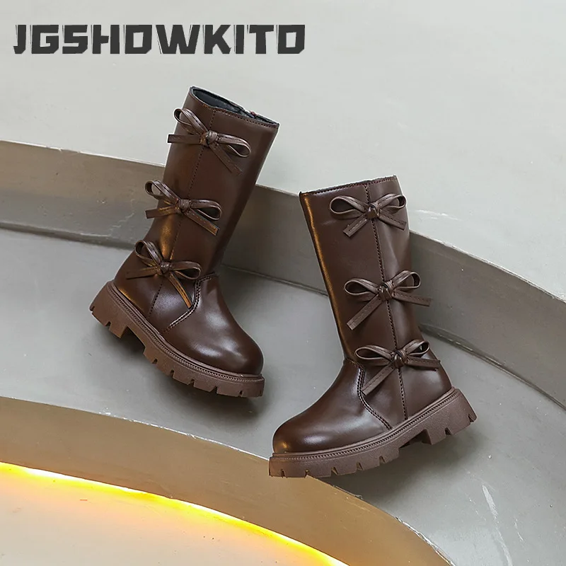 JGSHOWKITO Children's Boots for Girls New Fashion Kids Princess Long Boots Sweet Bowknot Catwalk Non-slip Toddlers Leather Boots