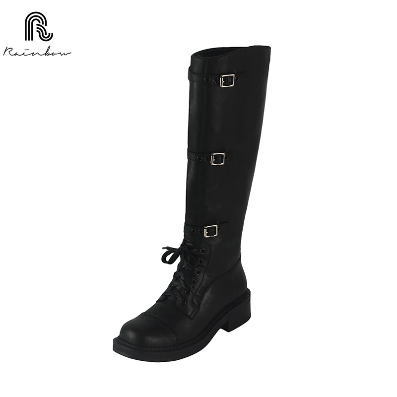 

RAINBOW 34-39 Women's Genuine Leather Knee High Pipe Boots Pipe High Heel for Winter Shoes Retro fashion buckle no With Fur