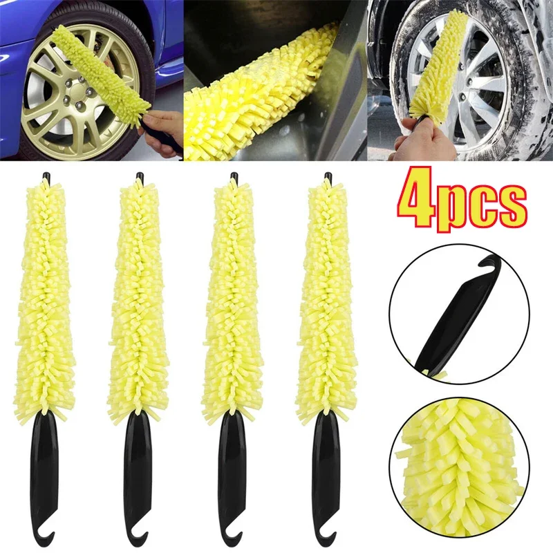 1-4Pcs Portable Car Wheel Brush Yellow Sponge Scratch Free Auto Wheel Tire Rim Scrub Brushes Cleaning with Handle Washing Tool