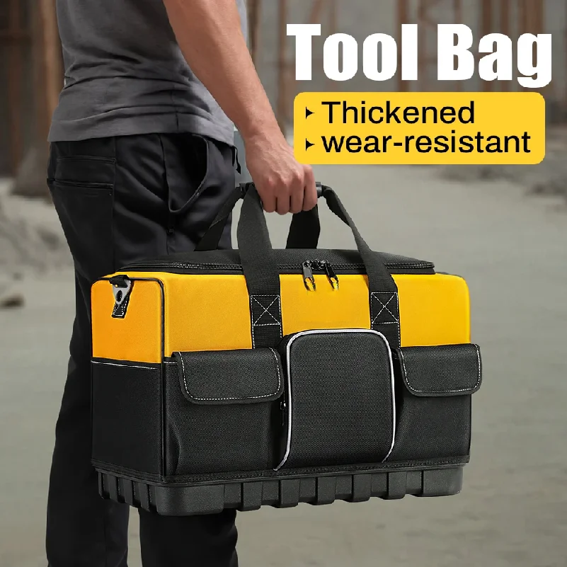Sac à outils robuste avec large ouverture et fond moulé - Bandoulière réglable, polyester durable, jaune/noir