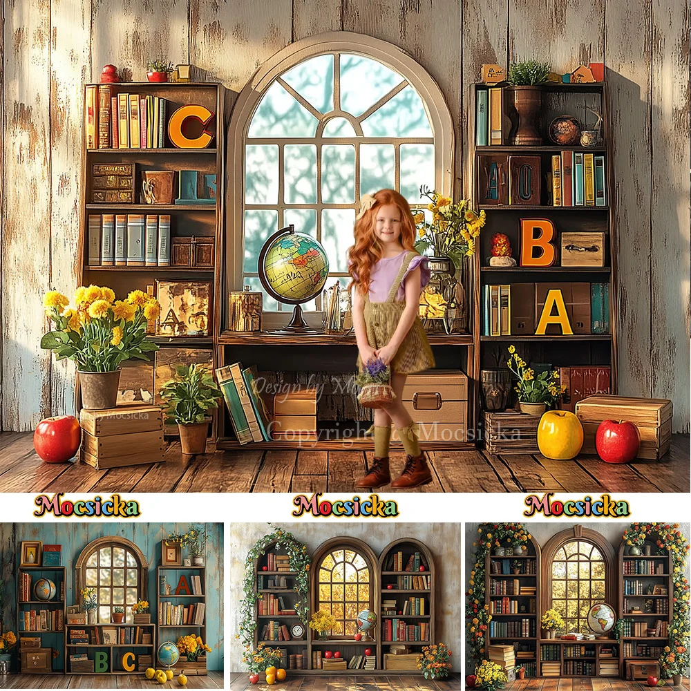 

Mocsicka Back to School Theme Party Backdrop Photography Bookshelf Window Floor Background Kid Birthday Cake Smash Photo Studio