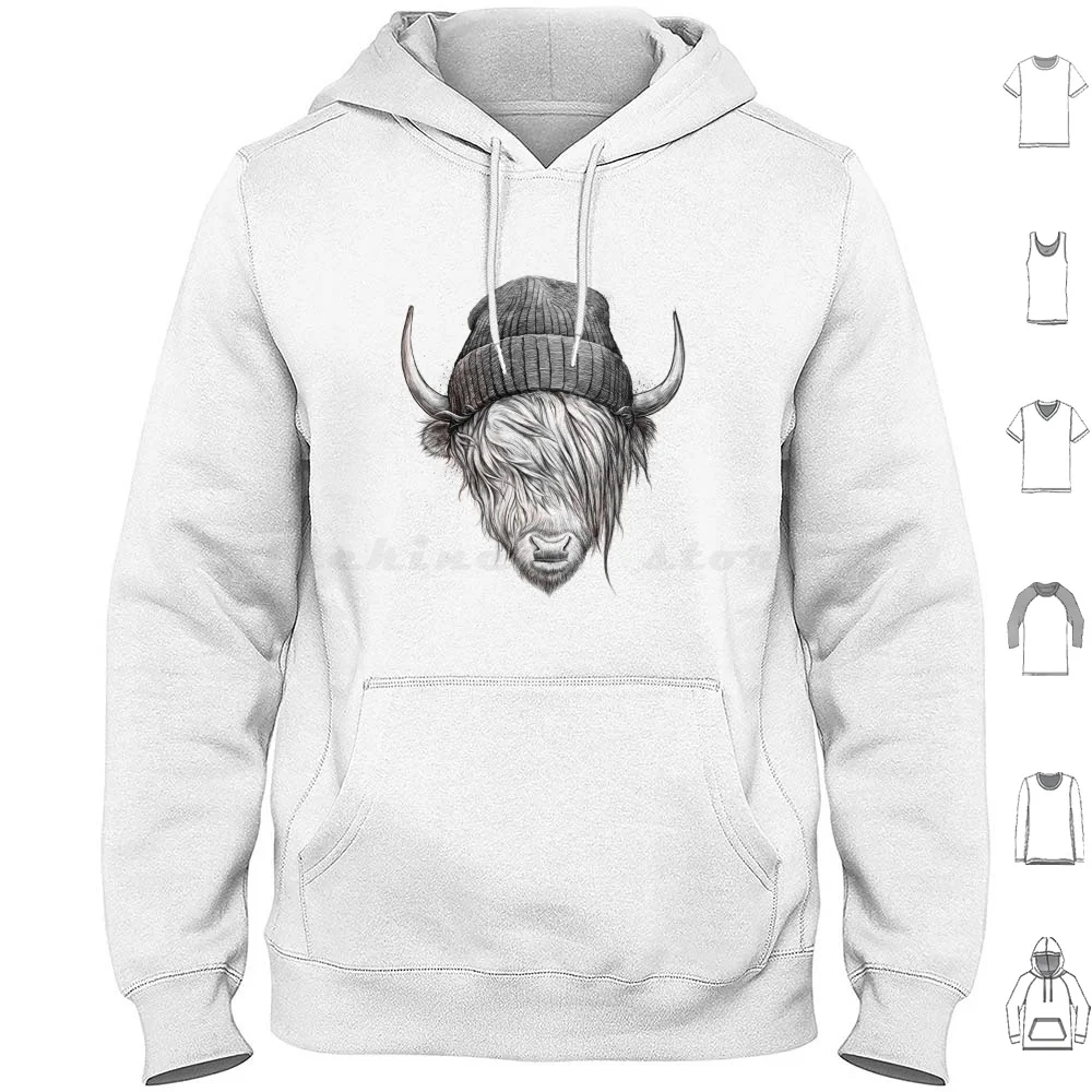 Highland Cattle Hoodies Long Sleeve Highland Cattle Animal Bull Hat Horns Black And White