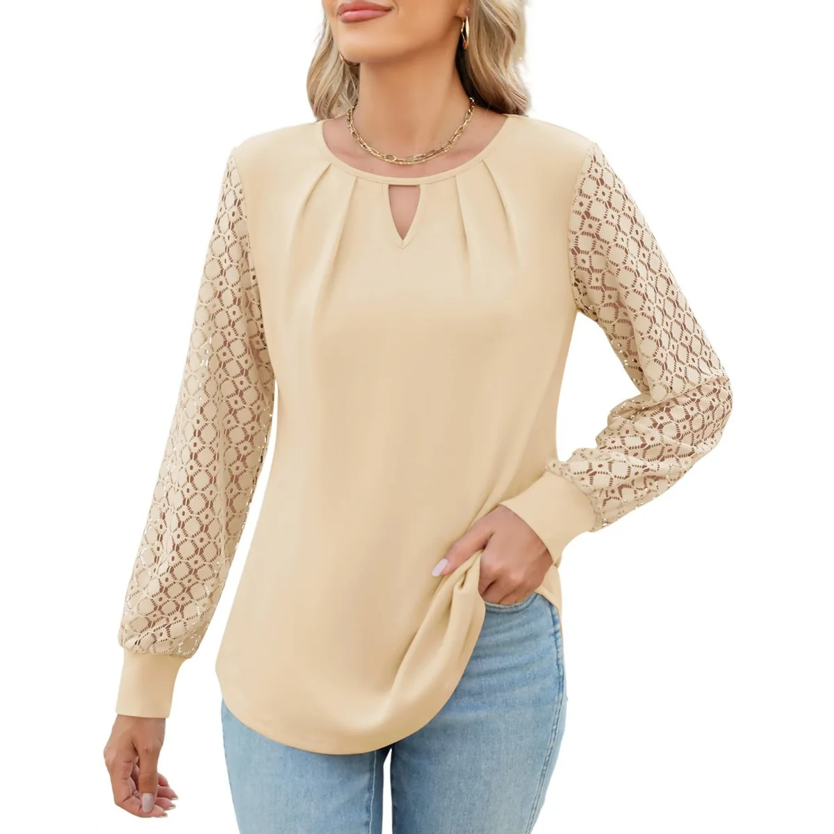 Women Hollow Out New Knitted Lace Stitching Long Sleeve Round Neck T Shirt Top Blouse