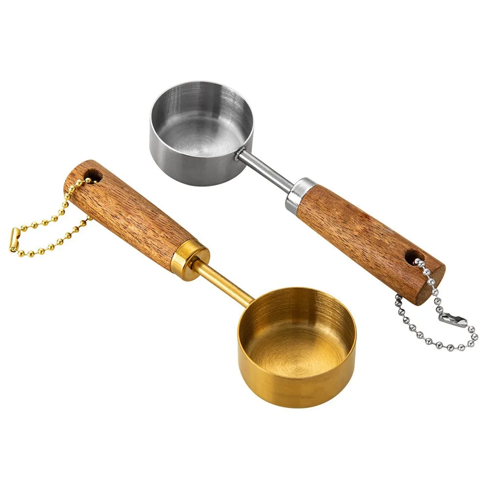 Cuchara medidora de acero inoxidable de fondo plano con mango de madera, taza medidora a prueba de óxido, herramientas de medición de cocina