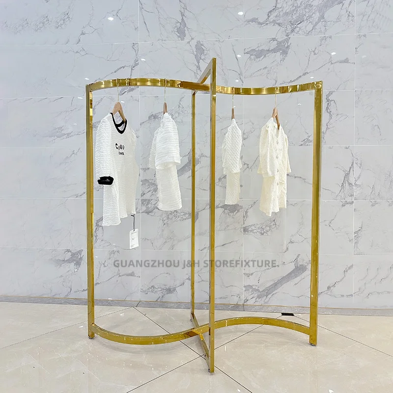 Custom Unique Garment Display Rack Stainless Steel Shiny Gold Stand Clothing Display Rack For Clothes Shop