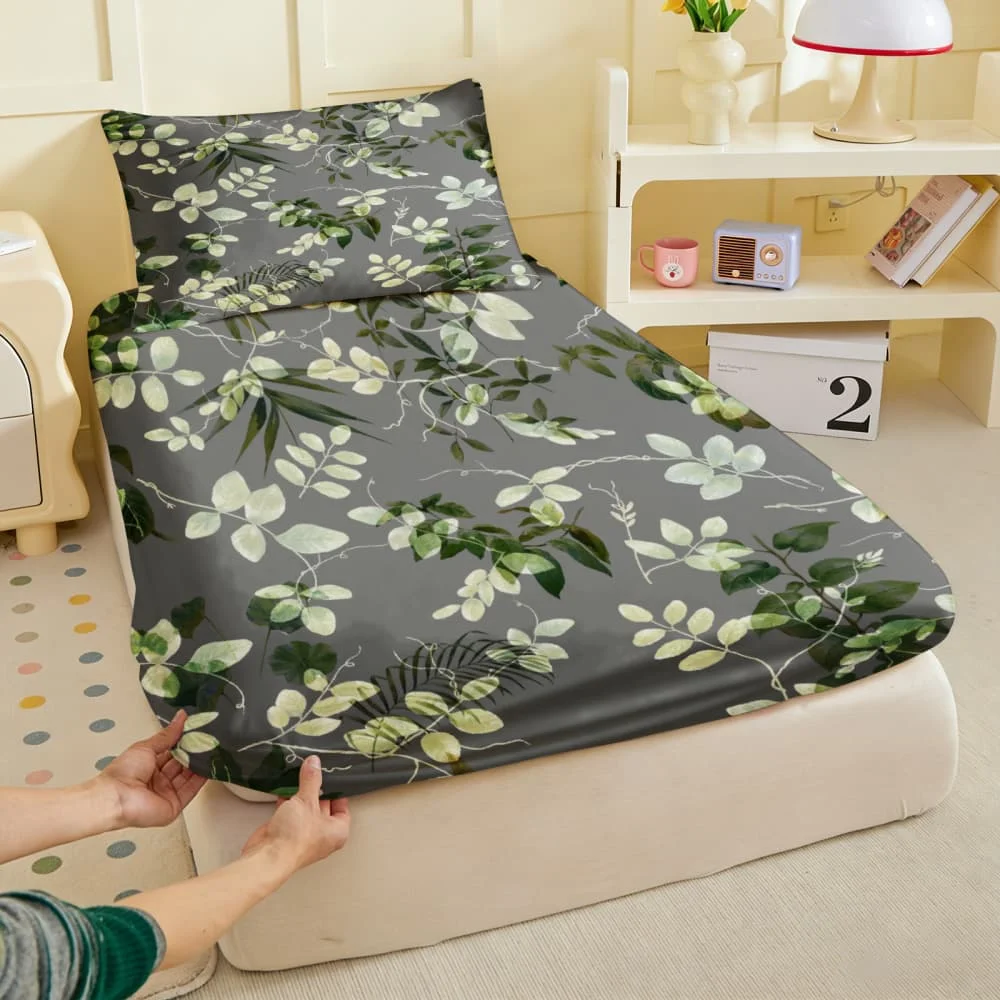 1pc Green Tropical Foliage Print Fitted Sheet Deep Pocket Elastic Mattress Cover Single Double Queen King Bedroom Decor