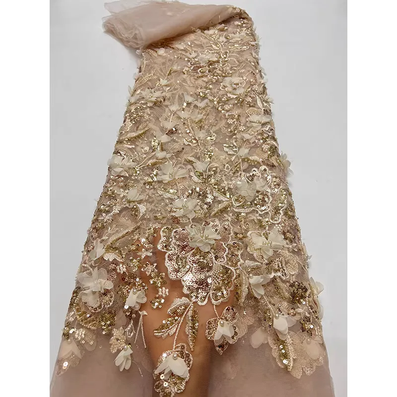 

1yard Wedding dresses cheongsam fabric New mesh tissu Bubble bead sequin flower embroidery fabrics for clothing