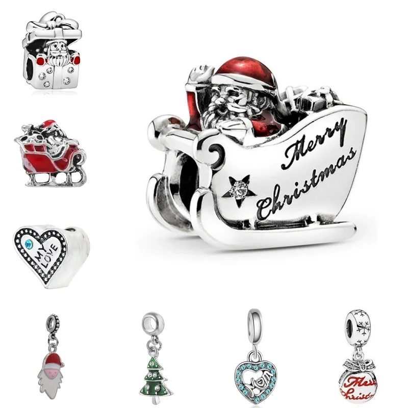 Alloy Santa Claus Round Bead String Heart Shaped Pendant Bracelet Accessories For Pandora DIY Fine Jewelry Making Christmas Gift