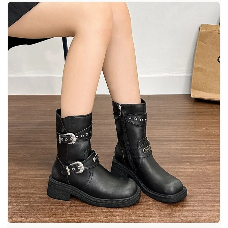 

2024 Women's New Fashion Round Toe Chunky Heel Fashion Boots Autumn PU Solid Color Casual Comfort Side Zipper Mid-calf Boots