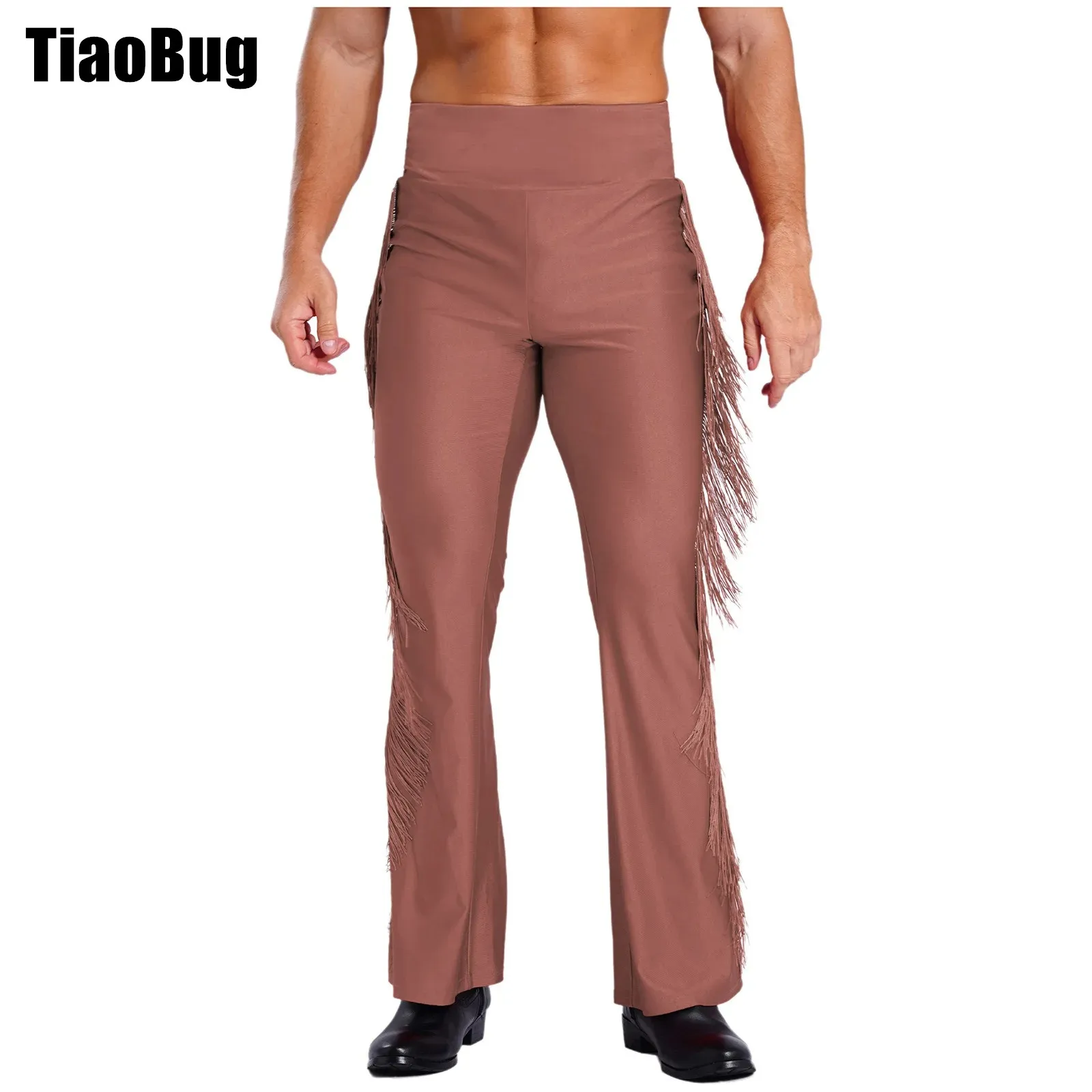 

Mens Latin Tassel Dance Pants Flared Pants Vintage High Waist Bell-Bottom Trousers for Stage Performance Theme Party