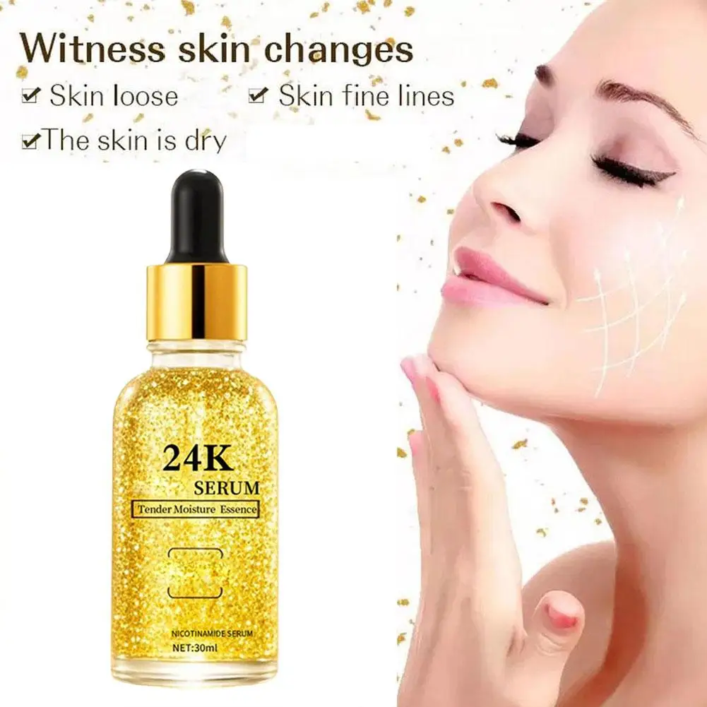 새로운 업그레이드된 24k 골드 화이트닝 세럼 안티 에이징 링클 에센스 케어 여성의 얼굴 건강 액체 영양 모이스춰라이징 N3Q6