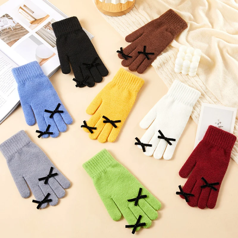 

New Women Winter Keep Warm Cute Lovely Sweety Bow Knitted Gloves Candy Color Solid Cold Protection Soft Cycling Fashion