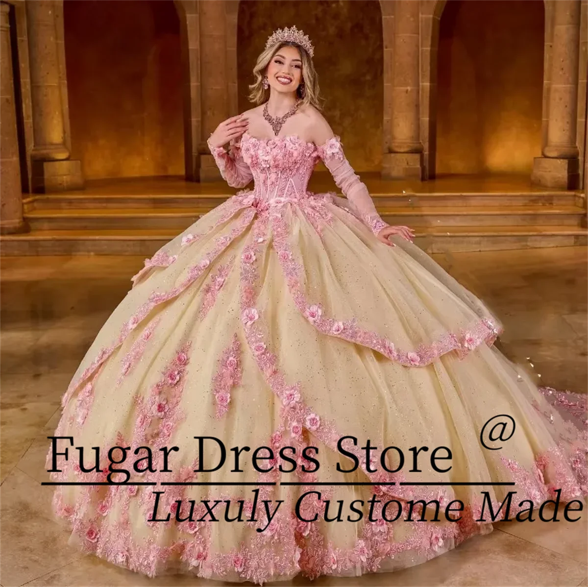 

Delicate Pink Quinceanera Dresses Princess Luxury 3D Floral Sparkling Crystal Sequin Strappy Tiered Sweetheart 15 Porm Gowns