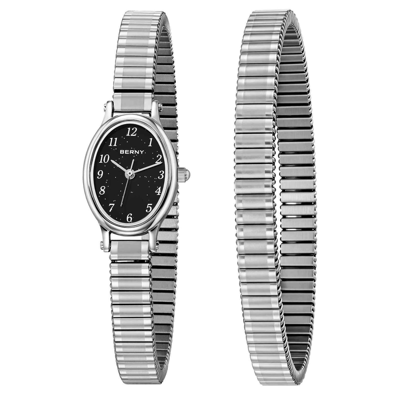 BERNY Watches for Women Luxury Casual Elastic Strap Dress Ladies Watch Stretch Bangle Stainless Steel Easy Read Wristwatch