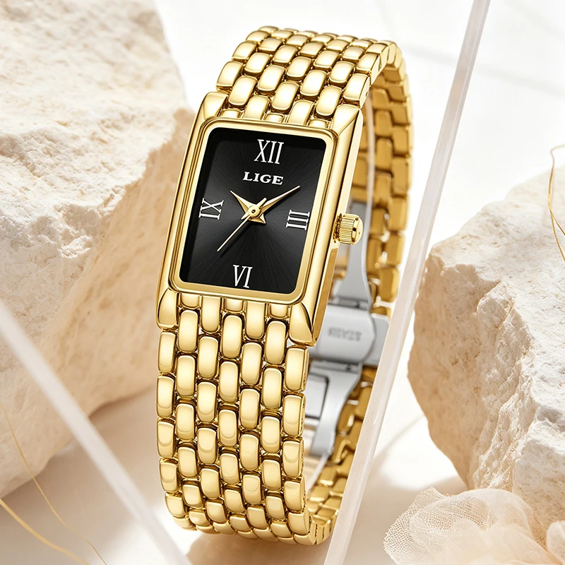 Vintage Gold Rectangle Women Watch LIGE Luxury Dial Stainless Steel Bracelet Waterproof Quartz Ladies Elegant Dress Wristwatch