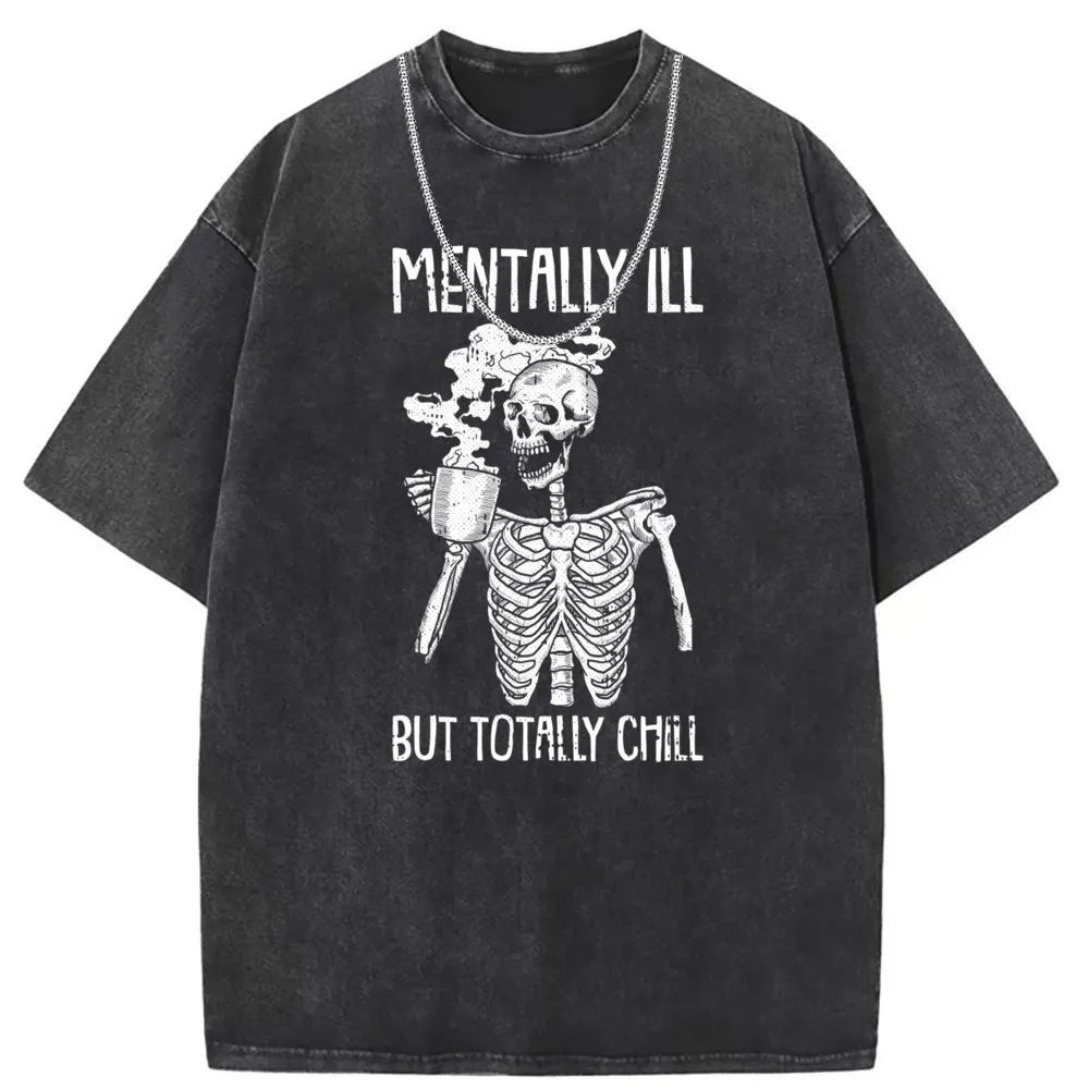 Mentally Ill Crazy T Shirt for Men Skull Long Sleeve Sweatshirts Summer Tshirt Washed For Men Vintage Unique Skeleton Tee Shirt