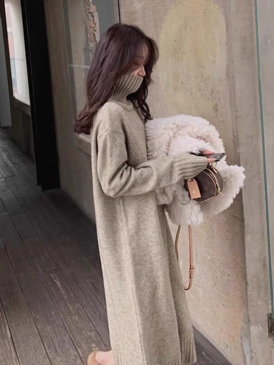 

Женское платье High Street из 100% мериносовой шерсти, длинный пуловер, свитер, зимняя одежда, повседневная вязаная теплая макси-юбка с высоким воротом, повседневное платье