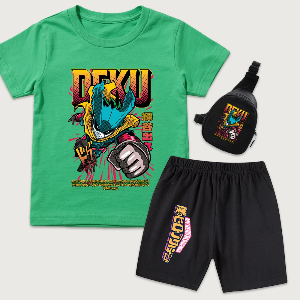 My Hero Academia Midoriya Kids Cotton T Shirt Shorts Set 3 Pieces Summer Boys Girls Anime Graphic Tee with Mini Chest Bag