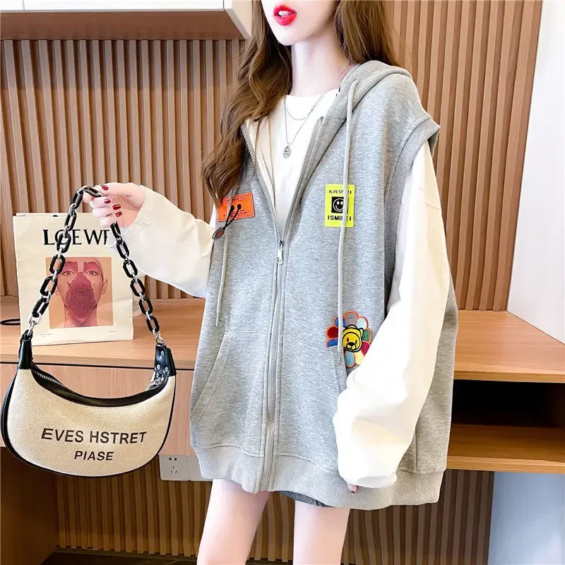 Cotton Hooded Sweatshirt Vest Women\'s Sleeveless Top Coat Retro Leisure Korean Fashion Harajuku Style Plus Size Loose Cardigan