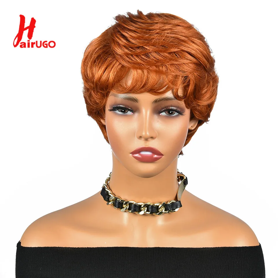 Ombre Pixie Cut Wigs 12A Human Hair Full Machine Made Wig Ombre Orange Straight Glueless Wigs HairUGo Pixie Cut Human Hair Wig