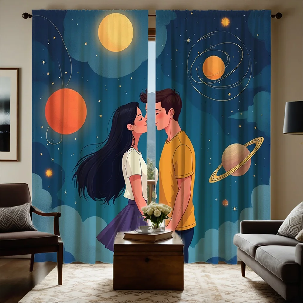 2pcs HD Digital Curtain Print - Cosmic Starry Sky Series: Couple Holding Hands and Kissing Under the Stars with Planets and Clou