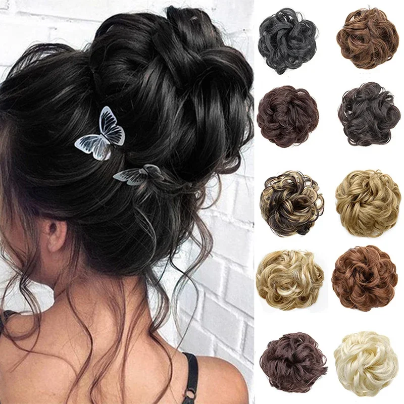 

Синтетический гибкий эластичный женский беспорядочный пучок волос, черный, коричневый, светлый, вьющийся резинка для волос, шиньон, шиньон