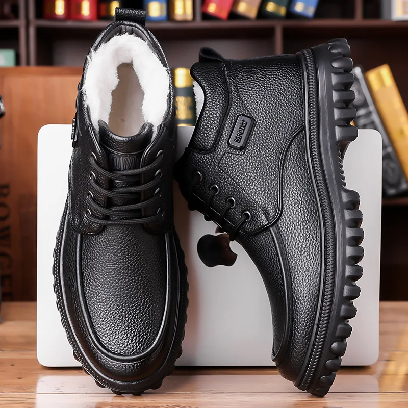 

2025 Winter High-top Warm Cotton Shoes for Men Fashion Casual Black Lace Ankle Boots Male New Designer Business Leather Shoe Man
