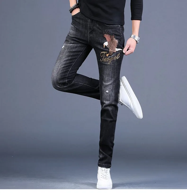 Light Luxury Men’s Slim-fit Noble Black Denim Pants,Eagle Embroidery Decors Trendy Casual Pants, Stylish Sexy Street Jeans Pants