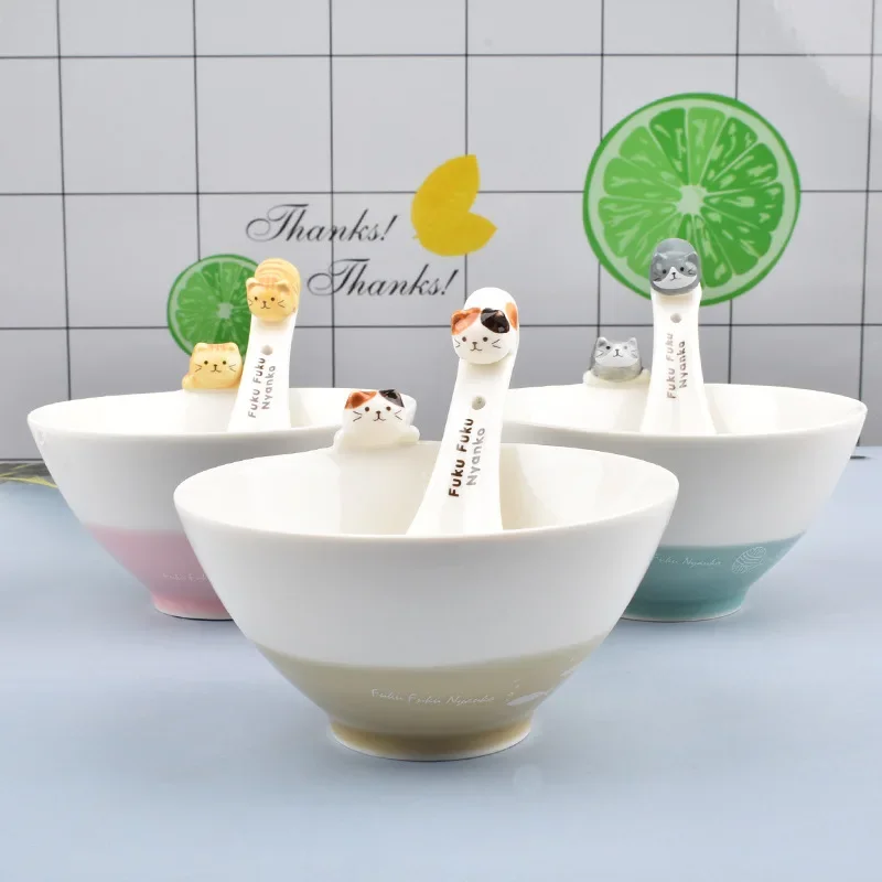 

250ml Japanese Style Cartoon Cat Ceramic Rice Bowl Household Cute Tableware Hot Pot Salad Bowl Spoon Kitchen Tableware 2025 New