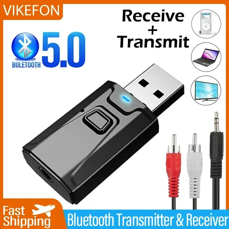 VIKEFON USB Bluetooth 5.0 Transmitter Receiver Mic EDR Adapter Dongle 3.5mm AUX for TV PC Headphones Home Stereo Car HIFI Audio