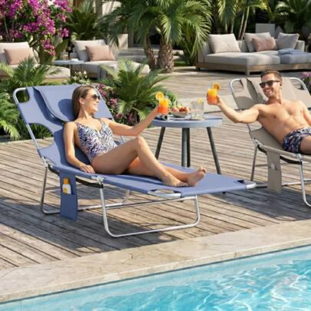 Tanning Chair With Face Hole 5-Level Adjustable Outdoor Chaise Lounge Chair With Pillow for Beach Pool Patio Backyard Summer Tanning Bed Folding Recliner Portable Heavy Duty Aluminum Frame UV Resistant Gray