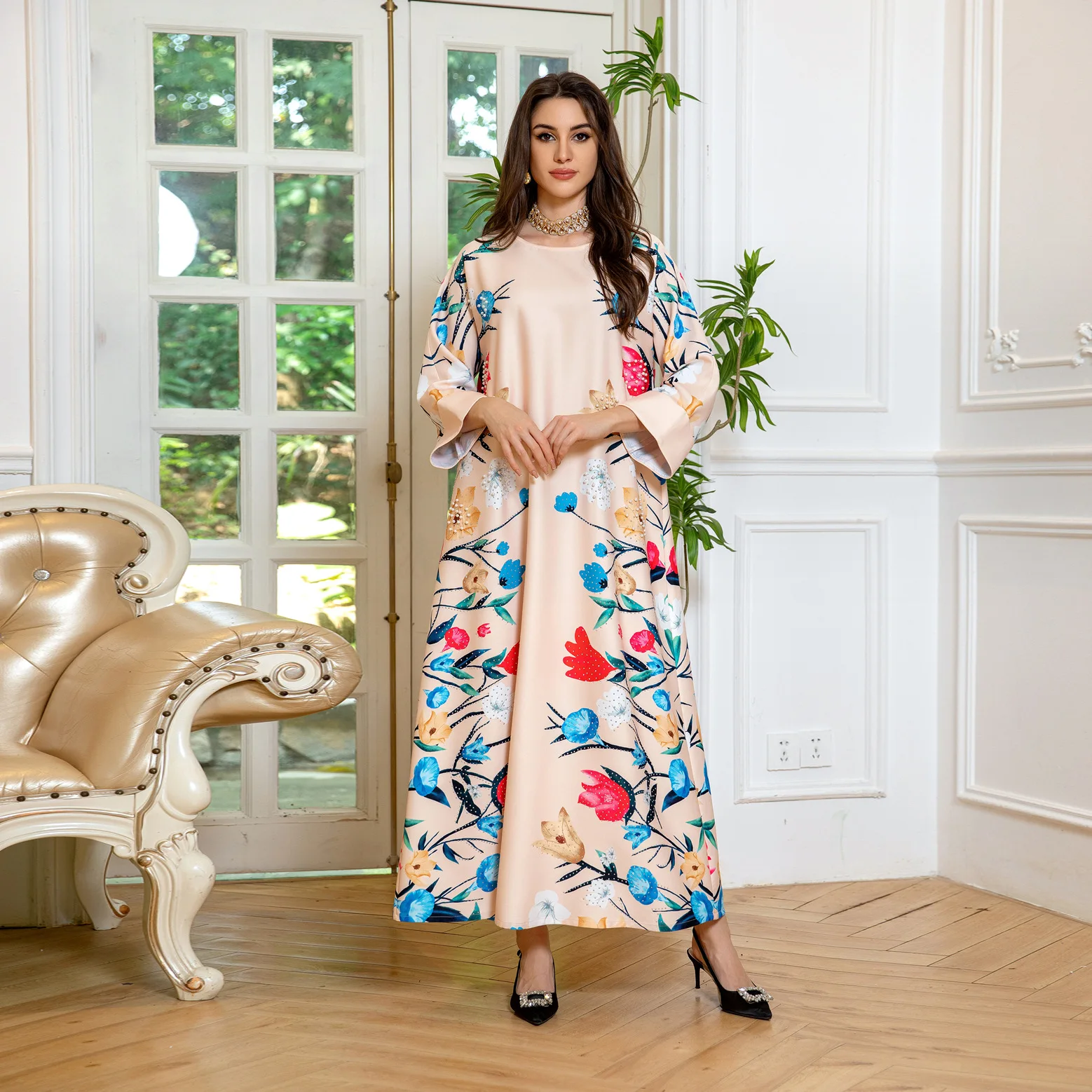 

Arabia Dubai Abaya Muslim Dress Women Fashion Printing Robe Jalabiya Turkey Kaftan Home Guest Dress Musulman Long Dress Vestidos