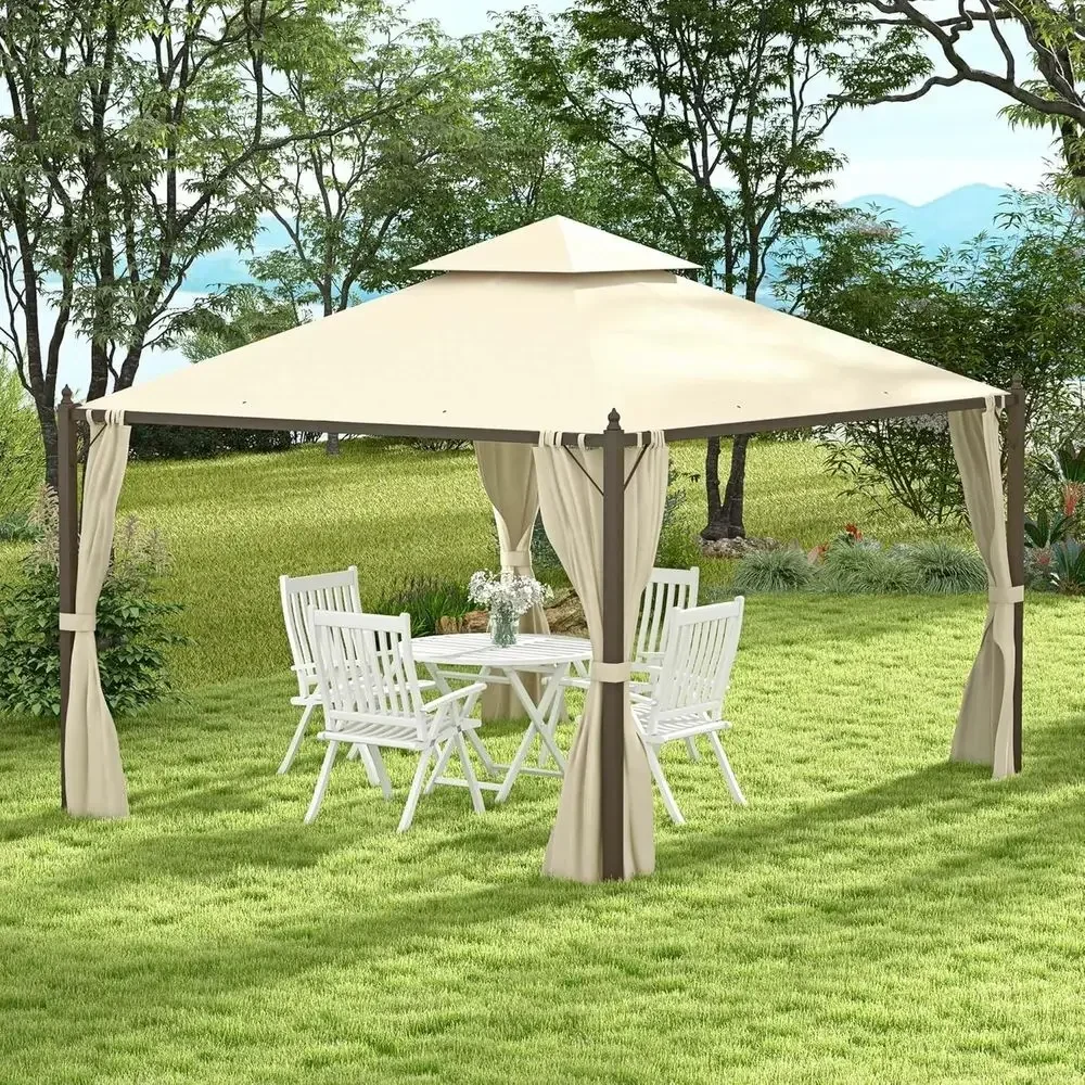 Large 10x12 Steel Patio Gazebo with Polyester Curtains and Two-Tier Roof