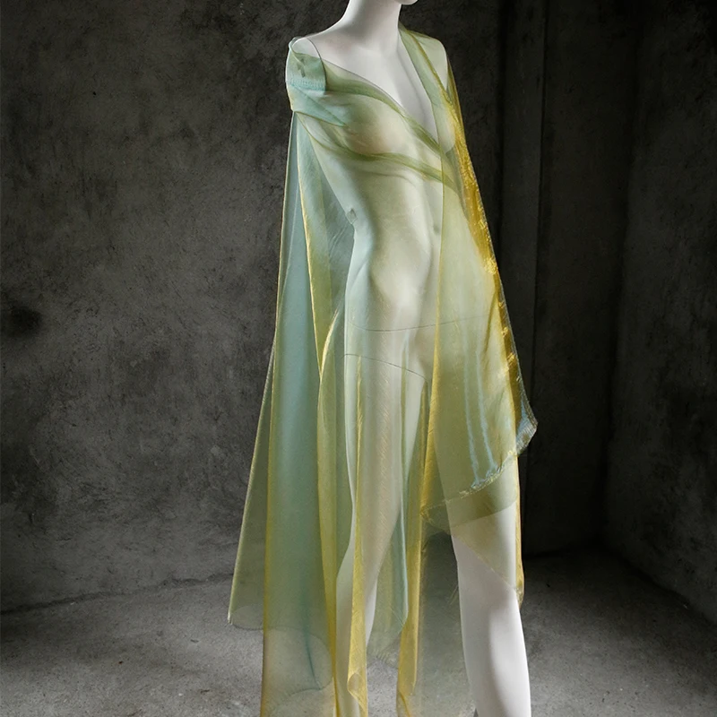 Transparent Ultra-Thin Yellow-Green Gradient Tulle Fabric for Gown Stage Wear Clothing Designer