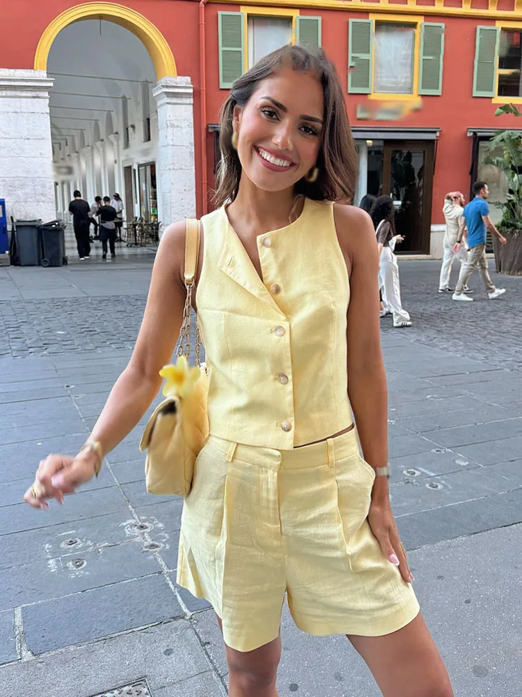 

HH женский летний однотонный модный однобортный жилет без рукавов с круглым вырезом + смешанные повседневные шорты с высокой талией на молнии