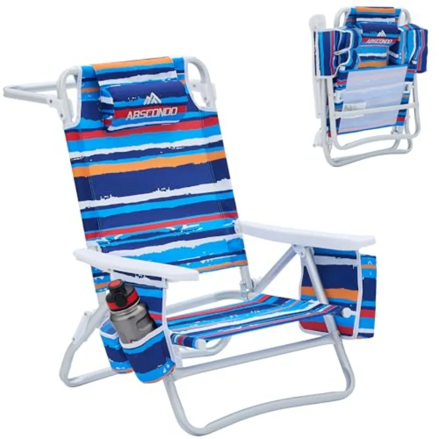 

Outdoor folding beach chair for adults, aluminum frame with navy blue fabric, 5-position recline, towel bar, cooler pouch, stor