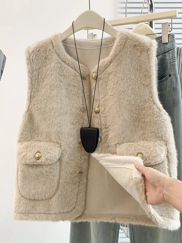 Authentic Fall Winter Loose Lightweight Warm No-Sleeve Large Size Faux Fur Vest Comfortable Outerwear Regular Length