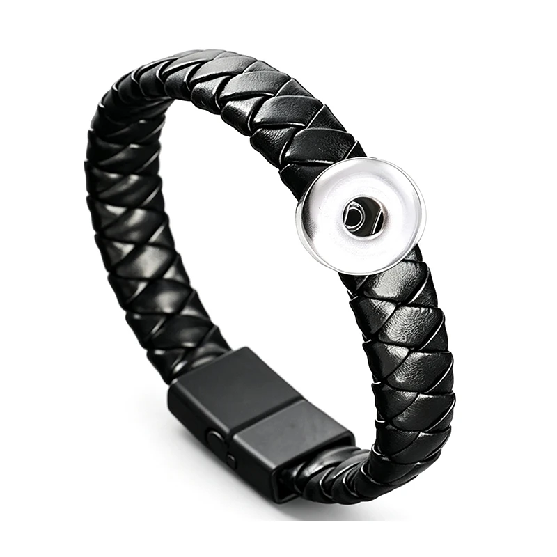 Fahsion Black&Brown Weave multi-layered Leather 18mm Snap Button Bangle Bracelet adjustable Charm Jewelry For Women Men Gift