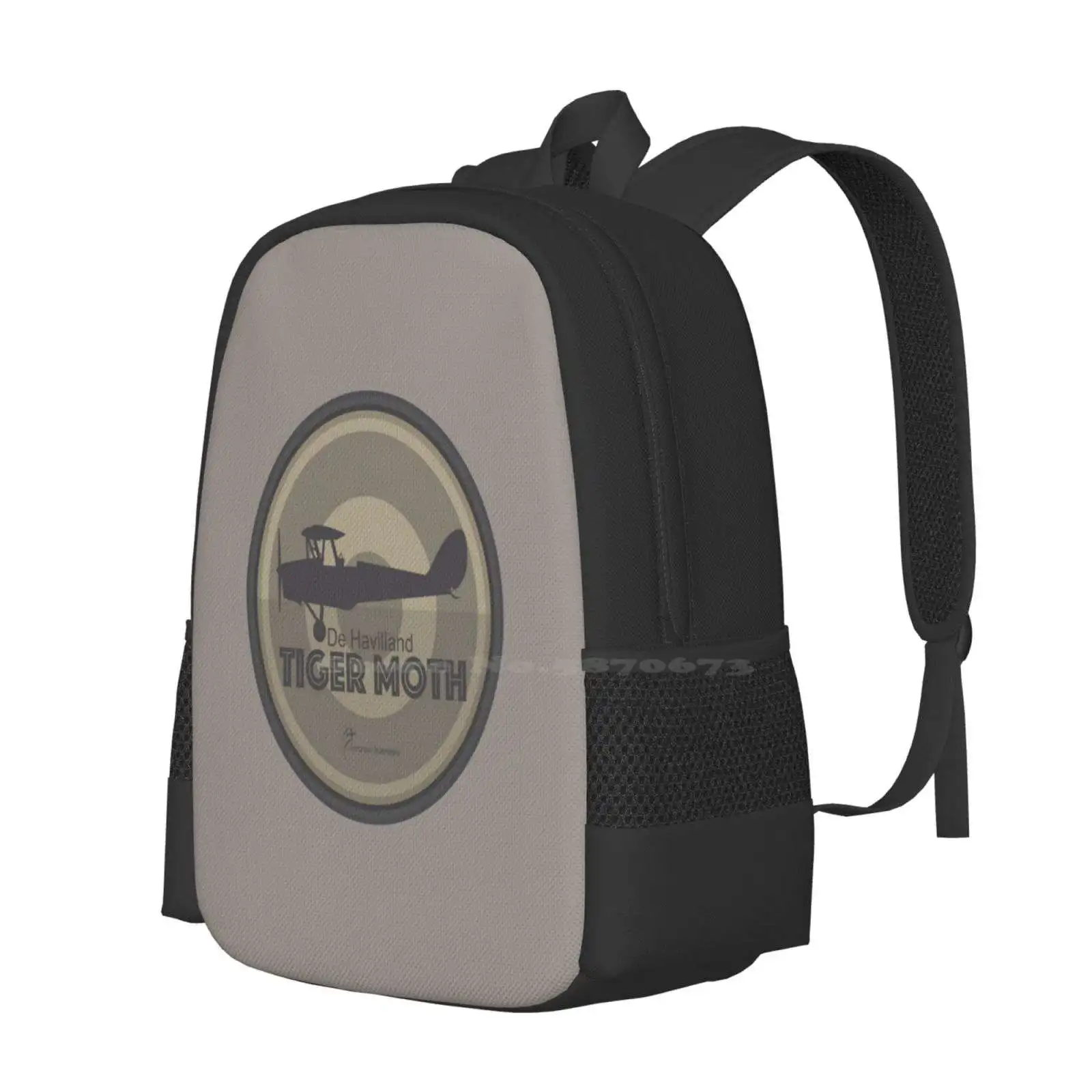 De Havilland Tiger Moth 3D Print Design Backpack Student Bag British Training Aircraft De Havilland Tiger Moth Patches De