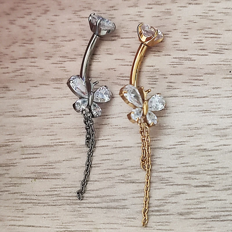 

Butterfly CZ Belly Button Ring With Chain ASTM F136 Titanium Navel Rings Belly Piercing Earrings For Sexy Women Nombril Stud 14G