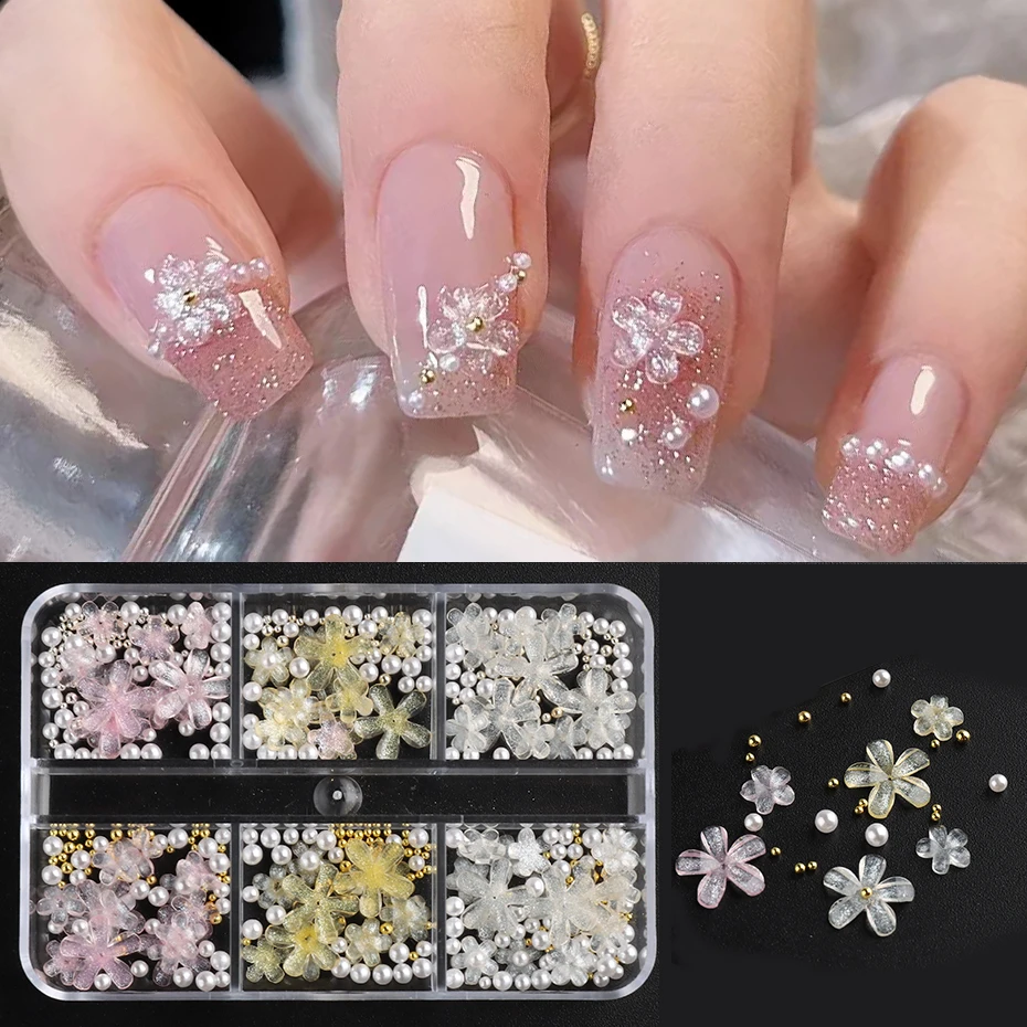 Glitter Camellia Nail Decoration Pentapetal Flower White Pink Yellow Floral Ornament Pearls INS Japanese Style Nails Supply #SFH