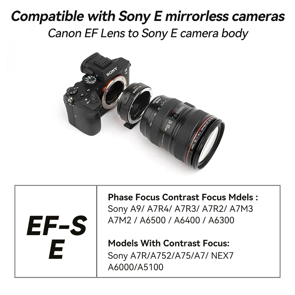 7artisans AF EF-SE Adaptador de lente de foco automático para fotografia de câmera Canon EF/EF-S Lente e Sony E mount A7R3 ZVE10 A6000