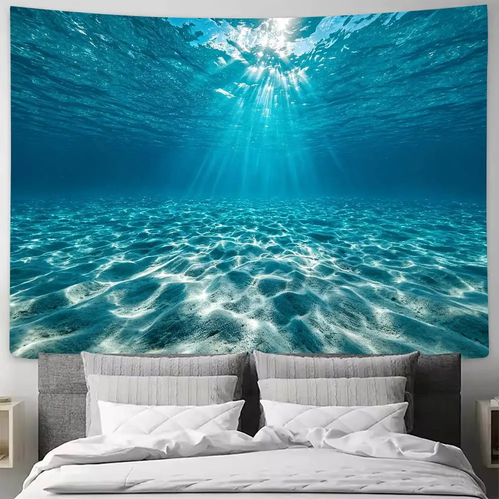 Underwater Ocean View Wall Tapestry, Sunlight Rays Through Blue Sea Water Sandy Seabed Landscape Wall Hanging, Calm Ocean Decor