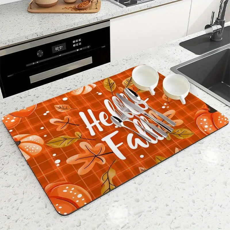 VIKAMA Hello Autumn Drip Mat Checkered Pumpkin Maple Leaf Autumn Harvest Absorbent Coffee Maker Mat Kitchen Countertop Decor
