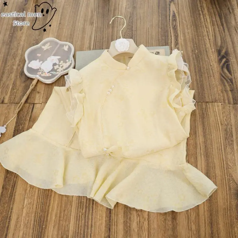 Princess Style Improved Chinese Dress Ruffles Hem Qipao Female Summer New Vestidos Robe Gown Print Chesongam Chinese Dress
