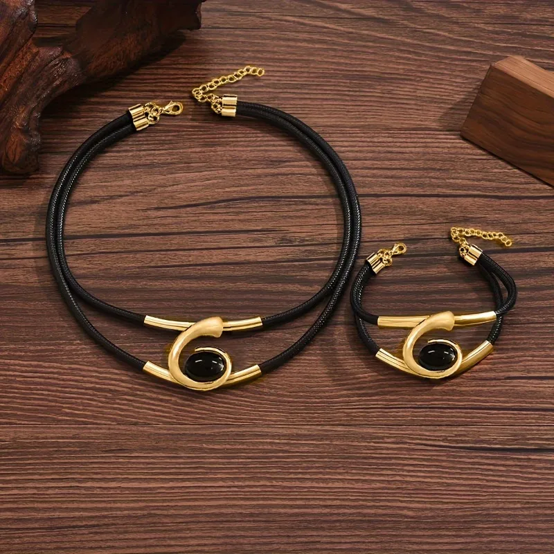 Vintage Trend Irregular Leather Rope Necklace Bracelet Boho Ethnic Style Accessories Women\'s Niche Festival Jewelry Set