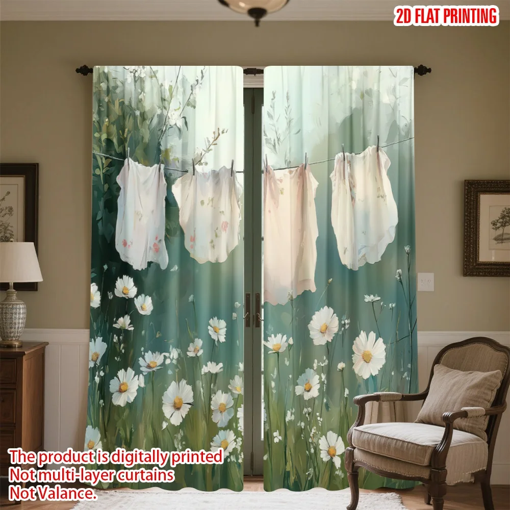 

2D flat printing 2pcs Party Curtain Laundry in Daisy Field Digital Printed Polyester Drapes All Season Party & Holiday Decor