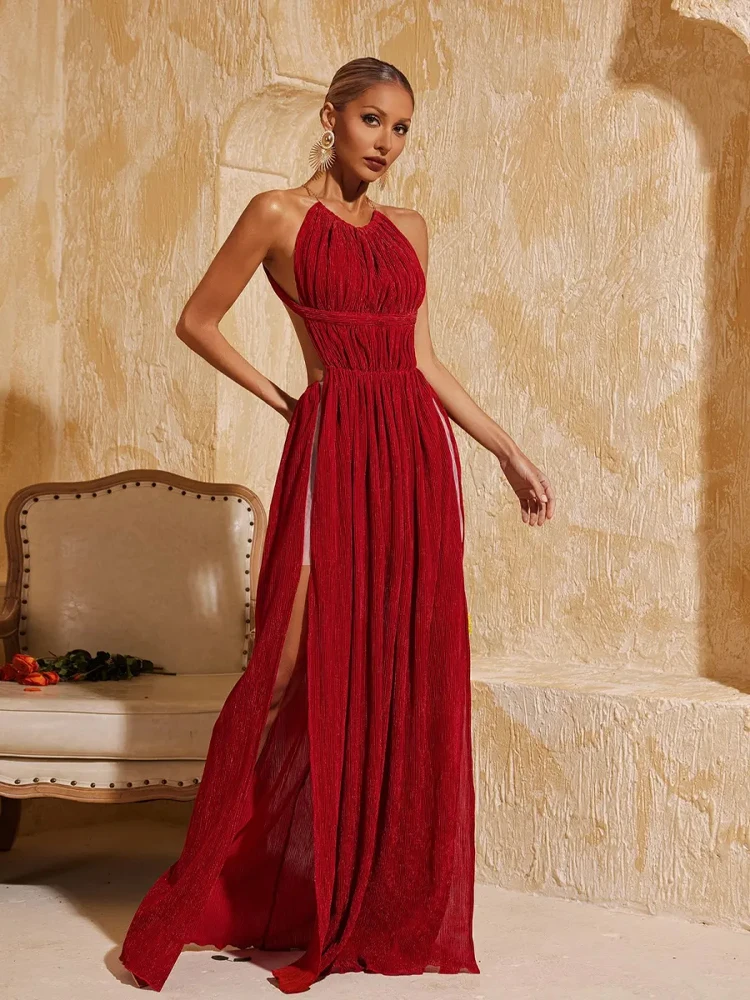 

Elegant Red Pleated Halter Neck Evening Dresses for Formal Events and Galas High Split Cocktail Party Long Dresses